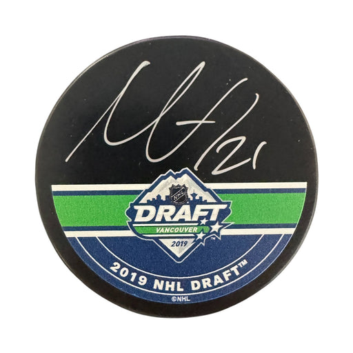 Nils Höglander Autographed Vancouver Canucks Orca Hockey Puck (Printed 2019 Draft)