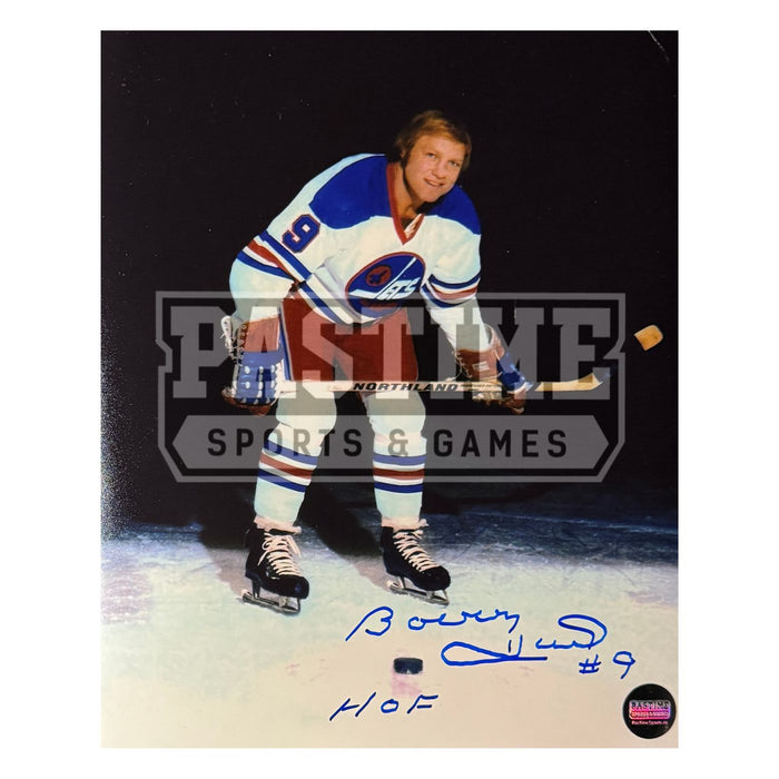 Bobby Hull Autographed Winnipeg Jets Photo (Full-Body Portrait Bent Knees) - Pastime Sports & Games