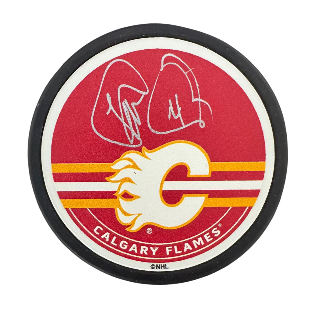 Theoren Fleury Autographed Calgary Flames Hockey Puck (Mustang Textured) - Pastime Sports & Games