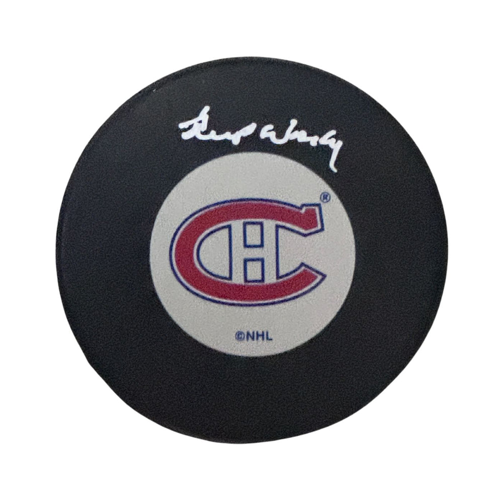 Gump Worsley Autographed Montreal Canadiens Hockey Puck (Small Logo) - Pastime Sports & Games