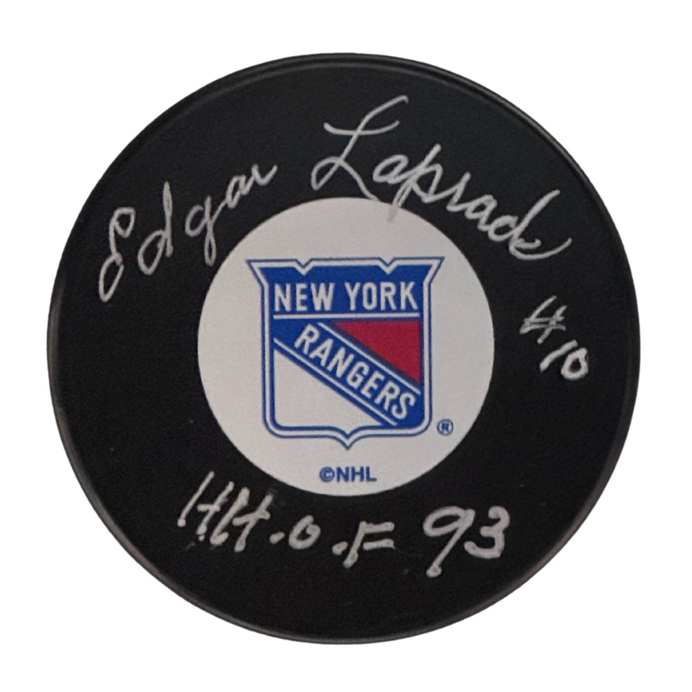 Edgar Laprade Autographed New York Rangers Hockey Puck (Small Logo) - Pastime Sports & Games