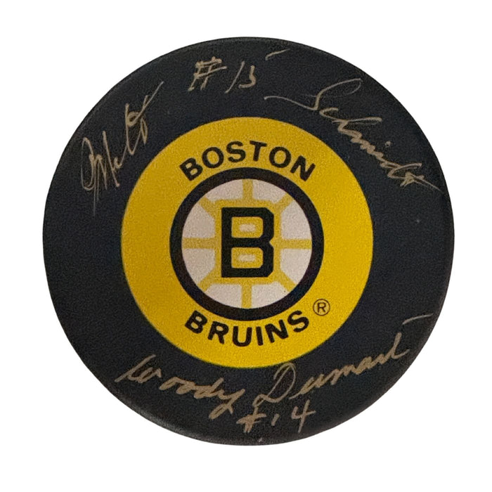 Milt Schmidt & Woody Dumart Autographed Boston Bruins Hockey Puck (Logo Puck) - Pastime Sports & Games