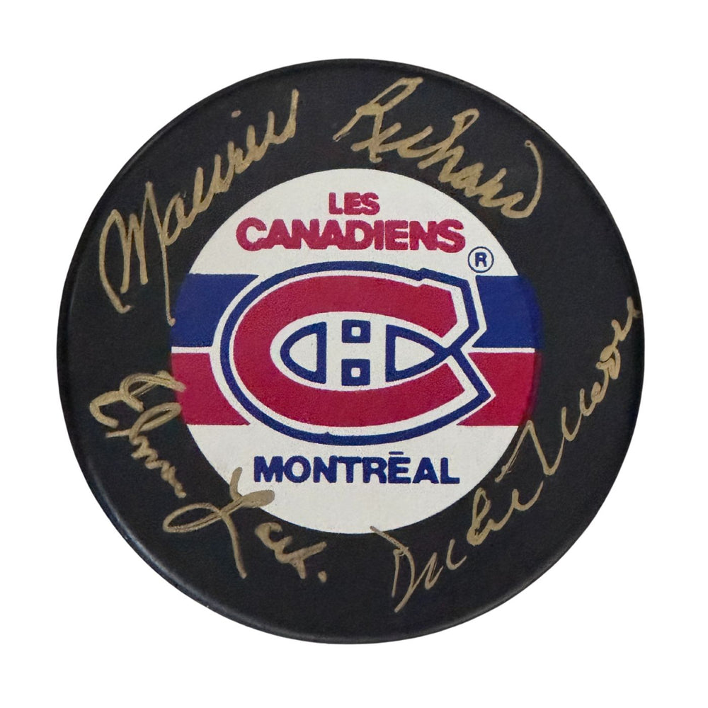 Maurice Richard, Elmer Lach  & Dickie Moore Autographed Montreal Canadiens Hockey Puck (Souvenir Puck) - Pastime Sports & Games
