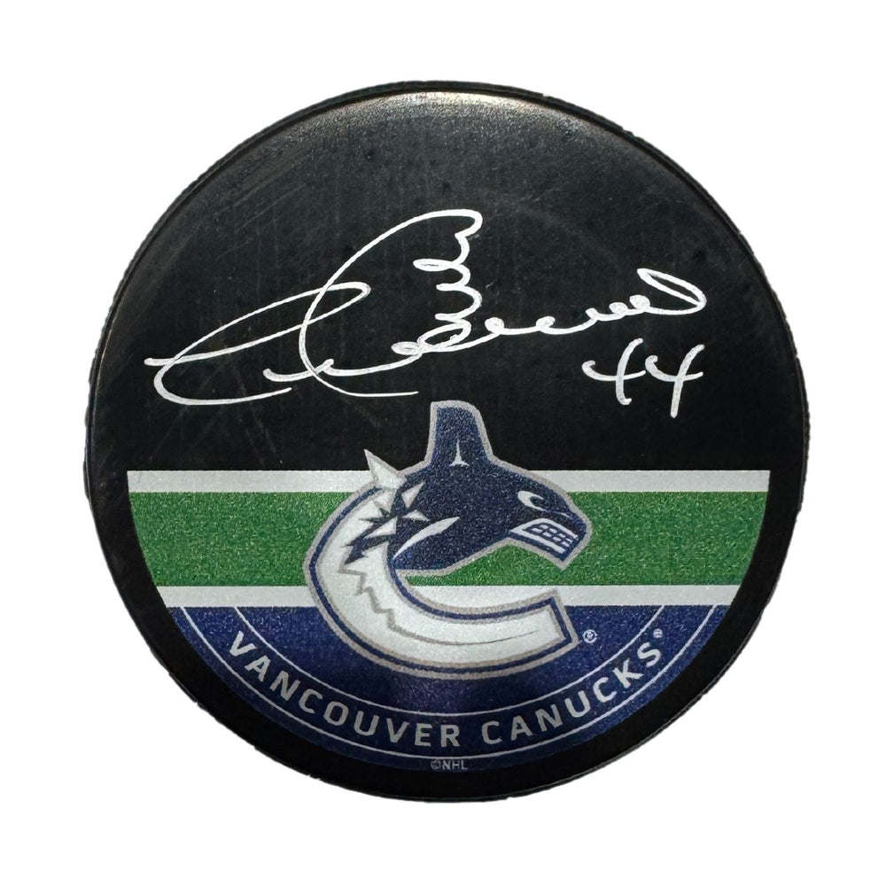 Dave Babych Autographed Vancouver Canucks Orca Hockey Puck (Printed Mustang Autograph Puck)