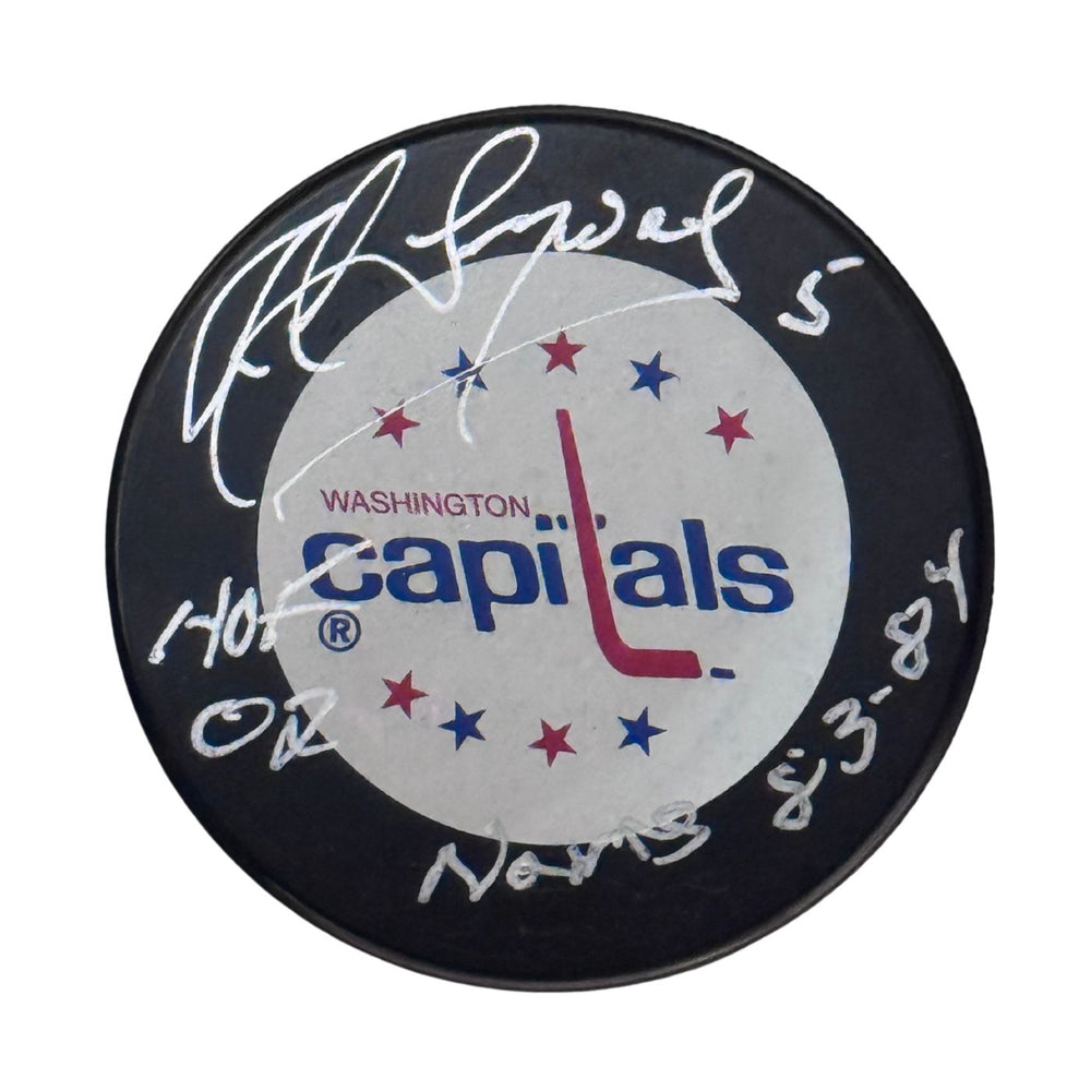 Rod Langway Autographed Washington Capitals Hockey Puck (Full Logo) - Pastime Sports & Games