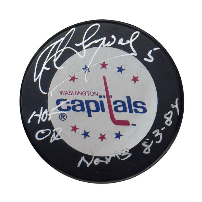 Rod Langway Autographed Washington Capitals Hockey Puck (Full Logo) - Pastime Sports & Games