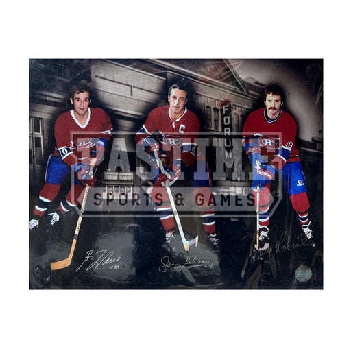 Guy Lafleur, Jean Beliveau, & Larry Robinson Autographed Montreal Canadiens Hockey Photo