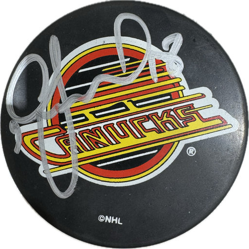 Igor Larionov Autographed Vancouver Canucks Hockey Puck (Full Puck Skate Logo) - Pastime Sports & Games