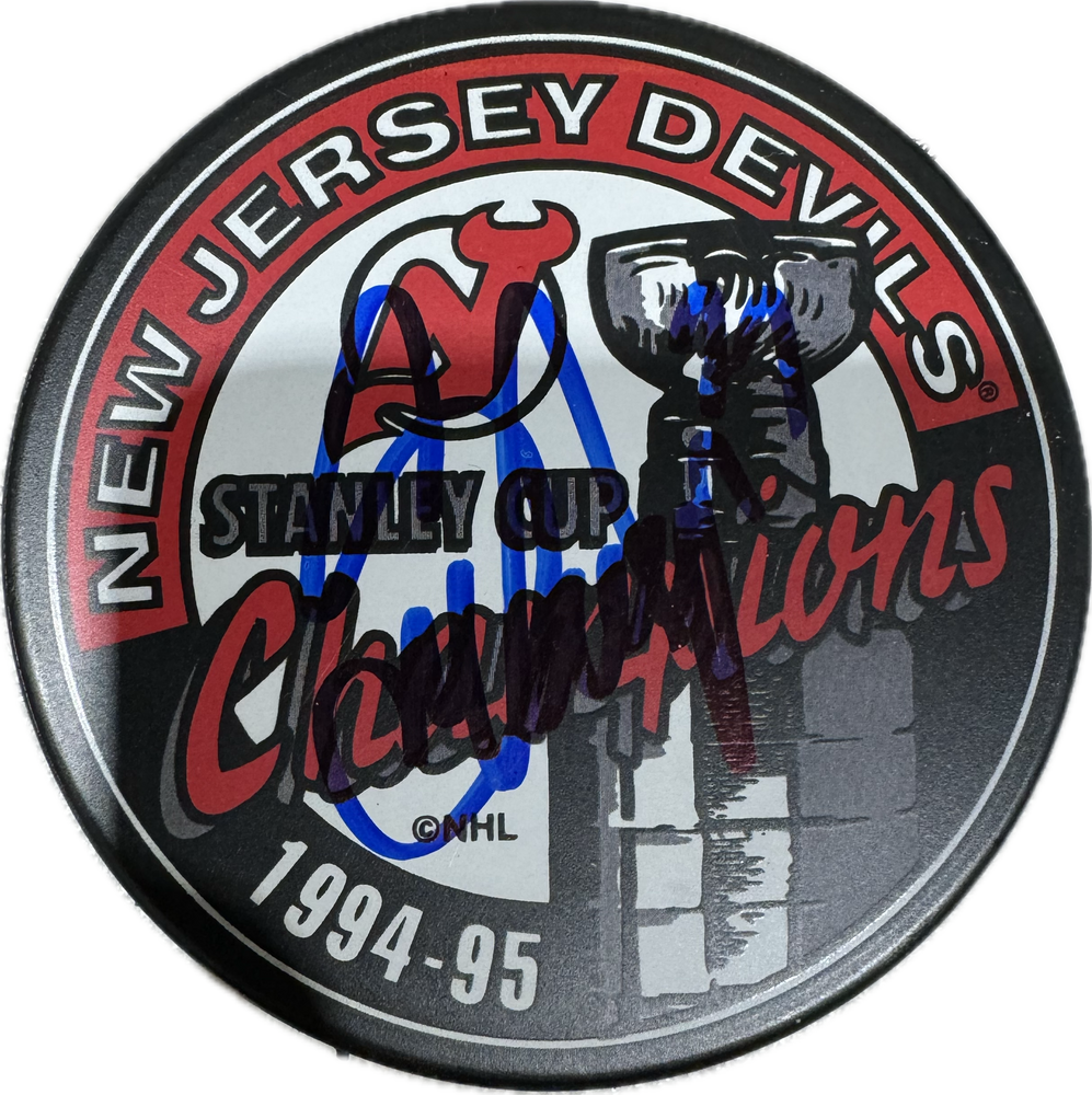 Scott Niedermayer Autographed New Jersey Devils Hockey Puck (1994-95 Stanley Cup Champions) - Pastime Sports & Games