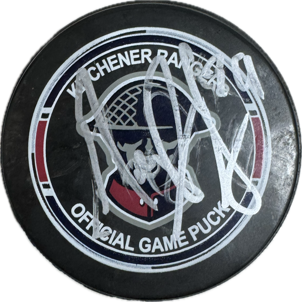 Max Iafrate Autographed Kitchener Rangers Hockey Puck (Full Puck Logo) - Pastime Sports & Games
