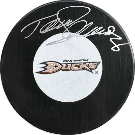 Teemu Selanne Autographed Anaheim Ducks Hockey Puck (Small Ducks Logo) - Pastime Sports & Games