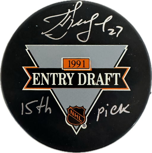 Alexei Kovalev Autographed & Inscribed "15th Pick" 1991 Draft Hockey Puck - Pastime Sports & Games