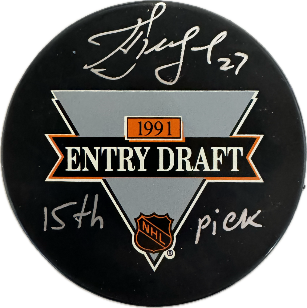 Alexei Kovalev Autographed & Inscribed "15th Pick" 1991 Draft Hockey Puck - Pastime Sports & Games