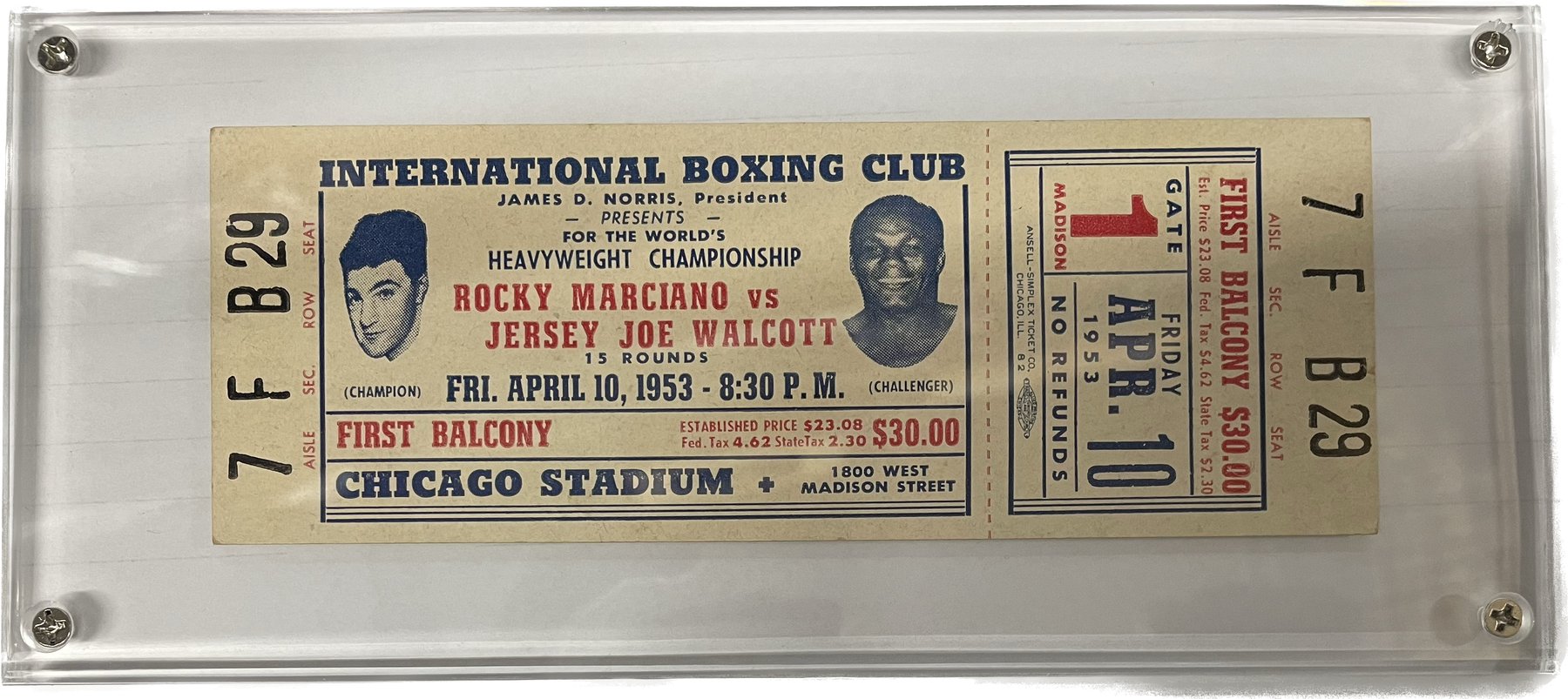 Rocky Marciano VS Jersey Joe Walcott Boxing Ticket Friday April 10, 1953 - Pastime Sports & Games