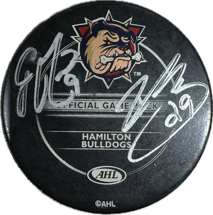 Jean-Francois Damphousse Autographed Hamilton Bulldogs Hockey Puck (Full Puck Logo) - Pastime Sports & Games