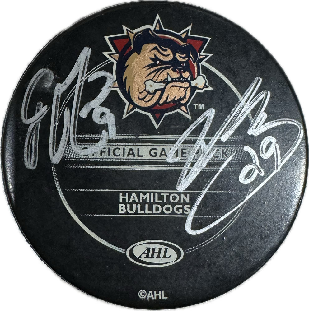 Jean-Francois Damphousse Autographed Hamilton Bulldogs Hockey Puck (Full Puck Logo) - Pastime Sports & Games