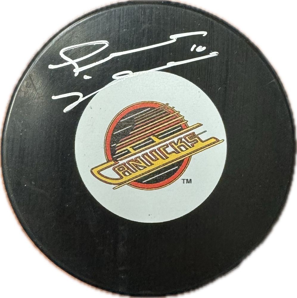 Trevor Linden Autographed Vancouver Canucks Hockey Puck (1994 Skate Logo) - Pastime Sports & Games