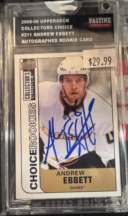 Autographed 2008-09 UD Collector's Choice ANDREW EBBETT Rookie #211 Anaheim Ducks Rookie Card Encased in Magpro - Pastime Sports & Games
