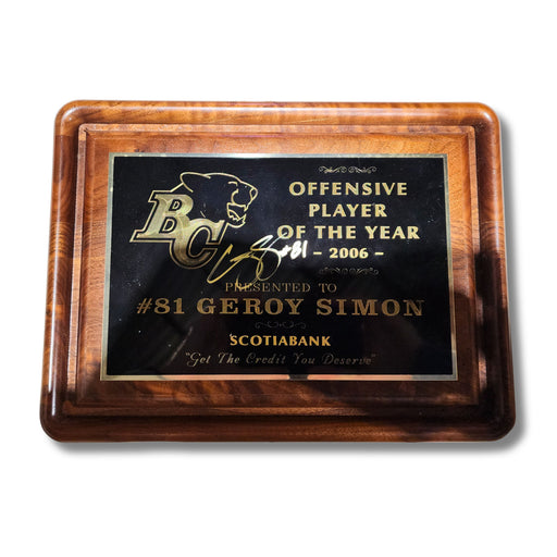 Geroy Simon Autographed BC Lions Offensive Player of the Year Plaque - Pastime Sports & Games