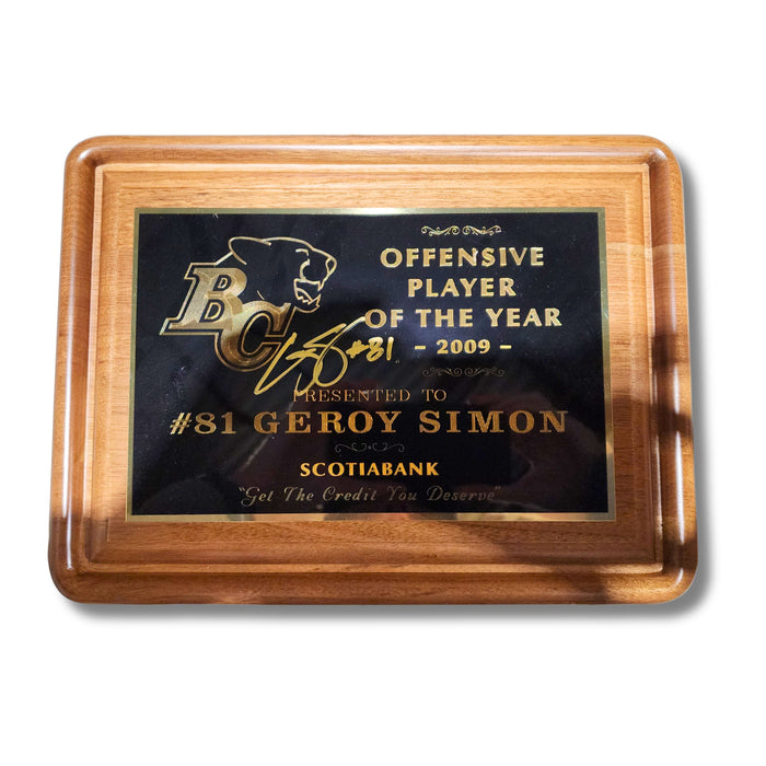 Geroy Simon Autographed BC Lions Offensive Player of the Year Plaque - Pastime Sports & Games
