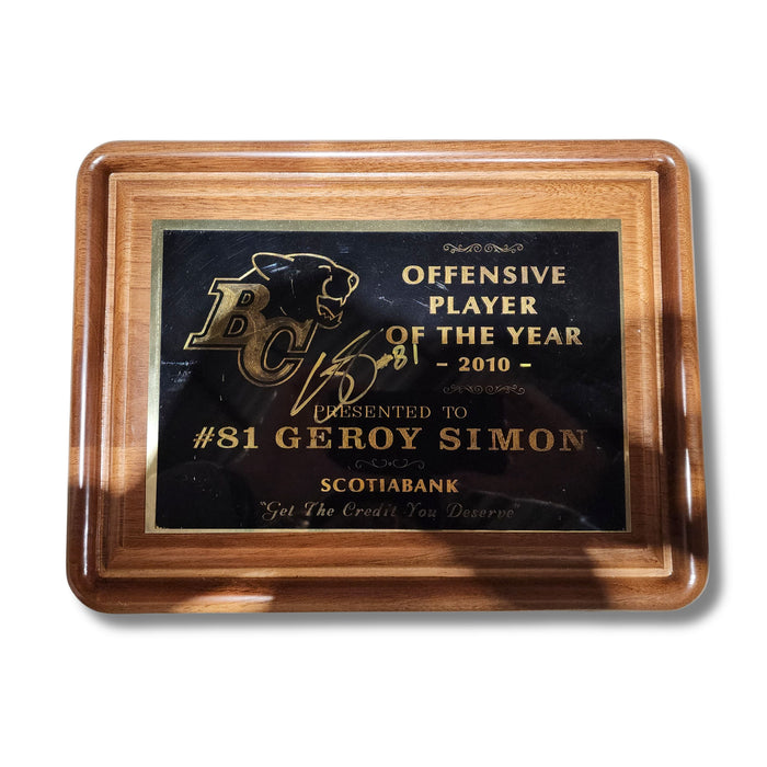 Geroy Simon Autographed BC Lions Offensive Player of the Year Plaque - Pastime Sports & Games