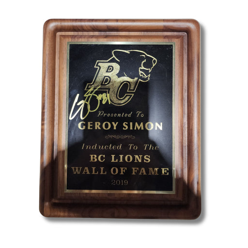 Geroy Simon Autographed BC Lions 2019 Wall of Fame Plaque - Pastime Sports & Games