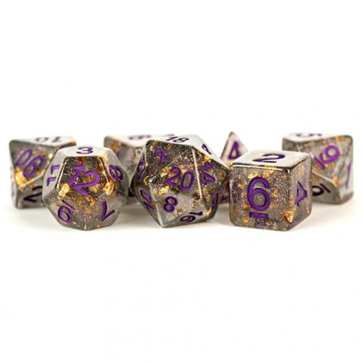 FanRoll 7-Piece resin Dice Set Gray w/Gold Foil & Purple Numbers - Pastime Sports & Games