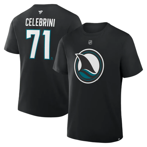 Macklin Celebrini San Jose Sharks Alternate Fanatics Authentic Stack Name & Number Black T-Shirt