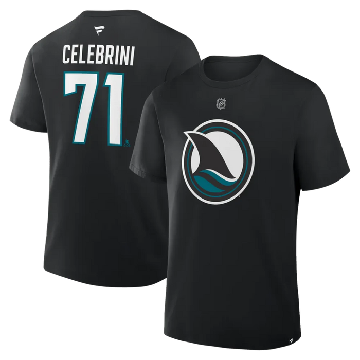 Macklin Celebrini San Jose Sharks Alternate Fanatics Authentic Stack Name & Number Black T-Shirt