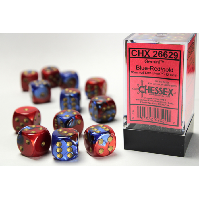 Gemini 12-Piece Dice Set Blue-Red with Gold - Pastime Sports & Games