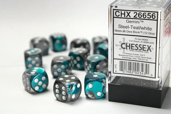 Gemini 12-Piece Dice Set Steel-Teal with White - Pastime Sports & Games