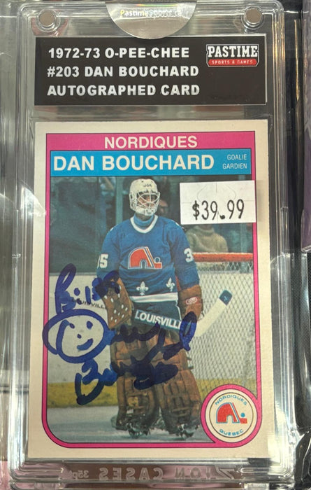 1972-73 O-Pee-Chee #203 Dan Bouchard Autographed Card Encased in Magpro - Pastime Sports & Games