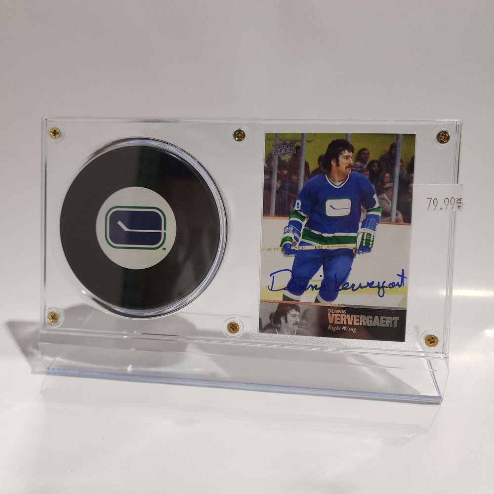 Dennis Ververgaert Autographed Card & Vancouver Canucks Puck Display
