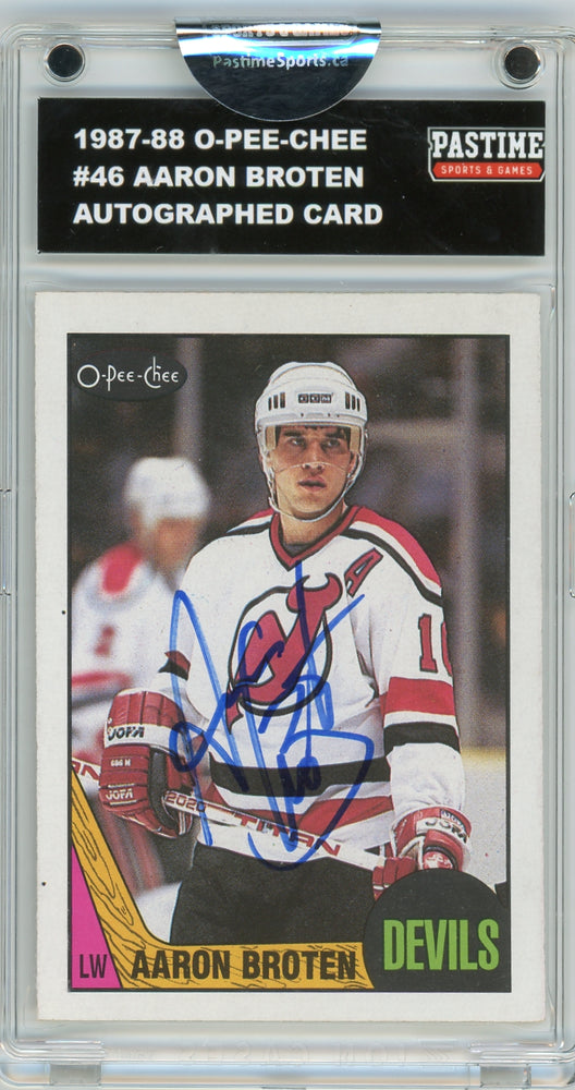 Aaron Broten #46 1987/88 O-Pee-Chee Hockey Autographed Card Encased in Magpro