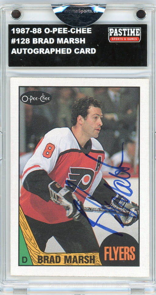 Brad Marsh #128 1987/88 O-Pee-Chee Hockey Autographed Card Encased in Magpro