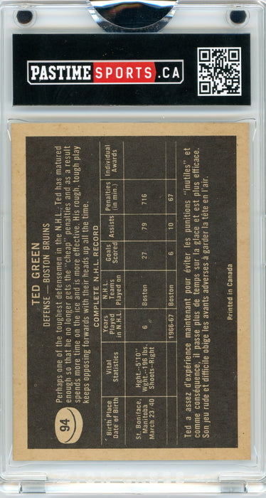 #94 Ted Green 1967/68 Topps Autographed Card Encased in Magpro - Pastime Sports & Games