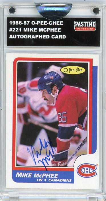 Mike McPhee #221 1986/87 O-Pee-Chee Hockey Autographed Card Encased in Magpro - Pastime Sports & Games