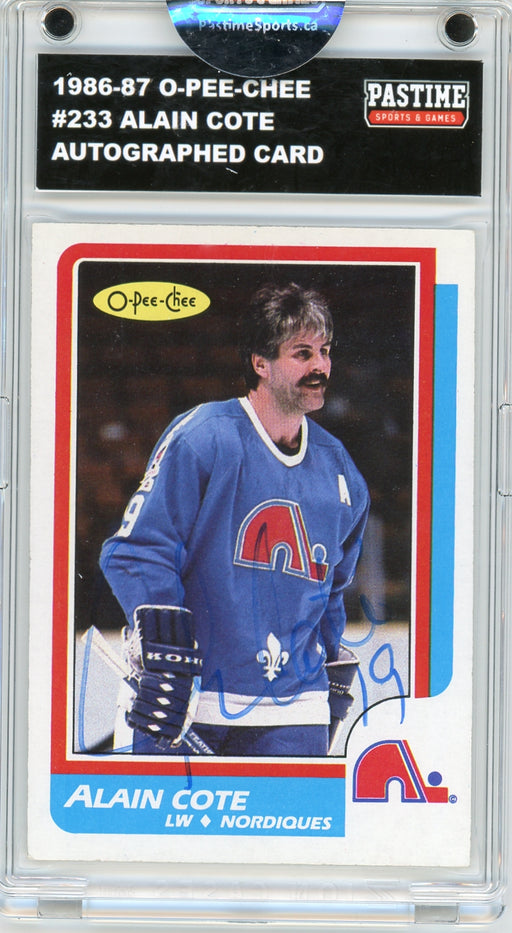 Alain Cote #233 1986/87 O-Pee-Chee Hockey Autographed Card Encased in Magpro