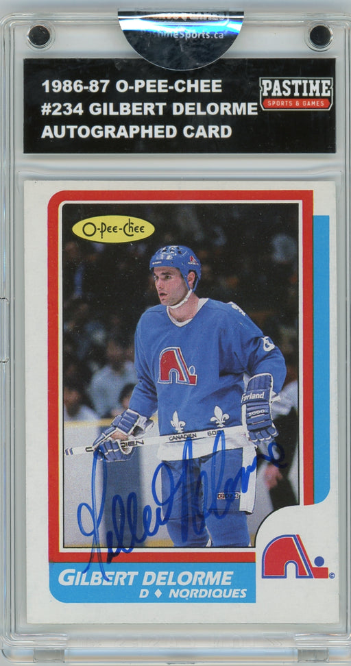Gilbert Delorme #234 1986/87 O-Pee-Chee Hockey Autographed Card Encased in Magpro
