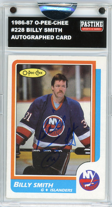 Billy Smith #228 1986/87 O-Pee-Chee Hockey Autographed Card Encased in Magpro