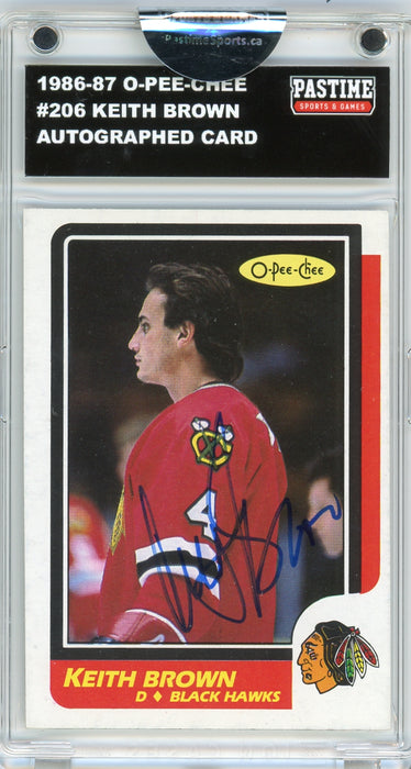 Keith Brown #206 1986/87 O-Pee-Chee Hockey Autographed Card Encased in Magpro - Pastime Sports & Games