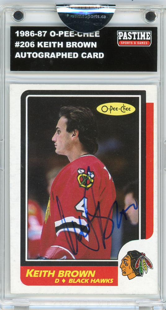Keith Brown #206 1986/87 O-Pee-Chee Hockey Autographed Card Encased in Magpro - Pastime Sports & Games