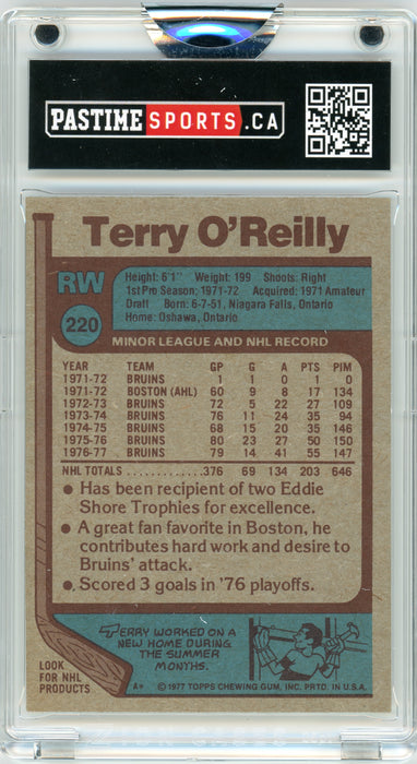 #220 Terry O'Reilly 1977/78 Topps Hockey Autographed Card Encased in Magpro - Pastime Sports & Games