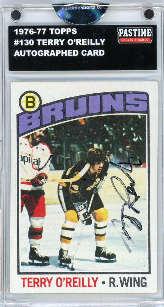 #130 Terry O'Reilly 1976/77 Topps Hockey Autographed Card Encased in Magpro - Pastime Sports & Games