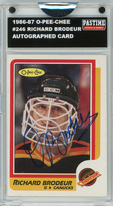 Richard Brodeur #246 1986/87 O-Pee-Chee Hockey Autographed Card Encased in Magpro