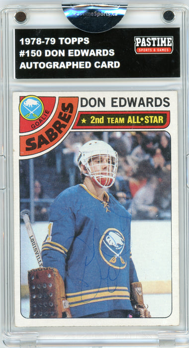 #150 Don Edwards 1978/79 Topps Hockey Autographed Card Encased in Magpro - Pastime Sports & Games