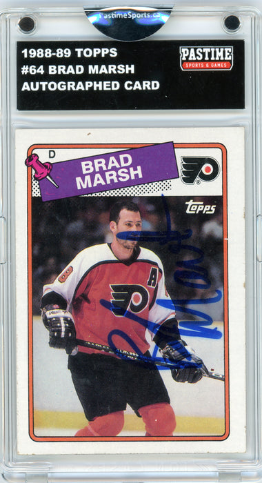 #64 Brad Marsh 1988/89 Topps Hockey Autographed Card Encased in Magpro - Pastime Sports & Games