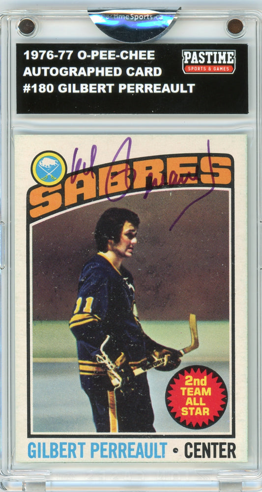 Gilbert Perreault #180 1976/77 O-Pee-Chee Hockey Autographed Card Encased in Magpro