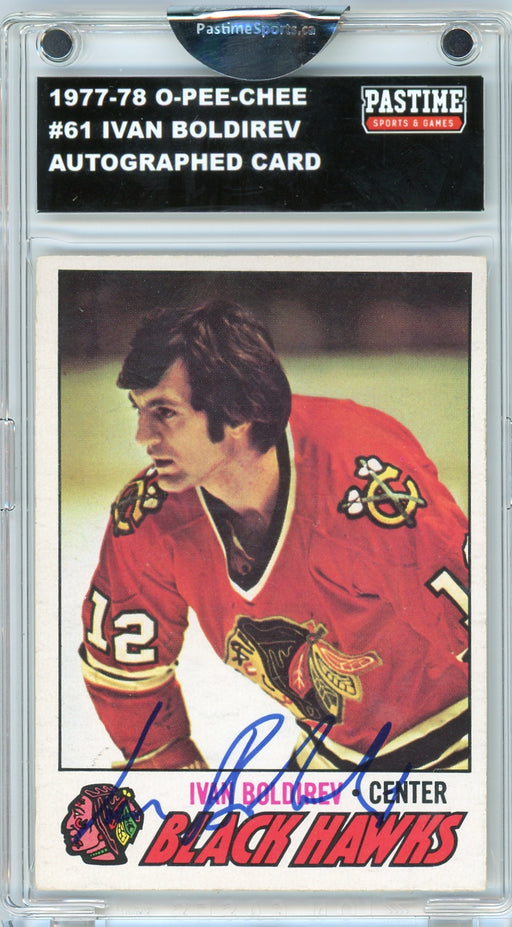 #61 Ivan Boldirev 1977/78 O-Pee-Chee Hockey Autographed Card Encased in Magpro - Pastime Sports & Games