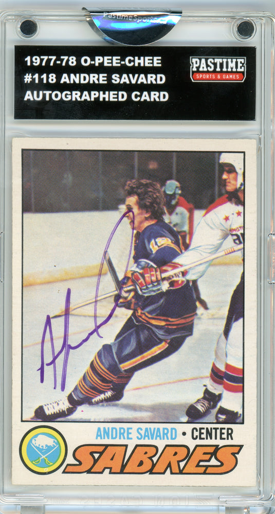 #118 Andre Savard 1977/78 O-Pee-Chee Hockey Autographed Card Encased in Magpro - Pastime Sports & Games